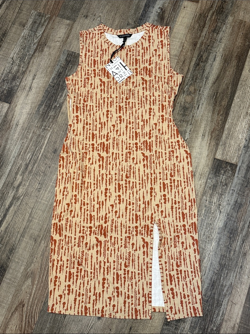 NWT 41 Hawthorn Keziah Sleeveless Midi Dress Rust Orange Abstract Dot Slit M